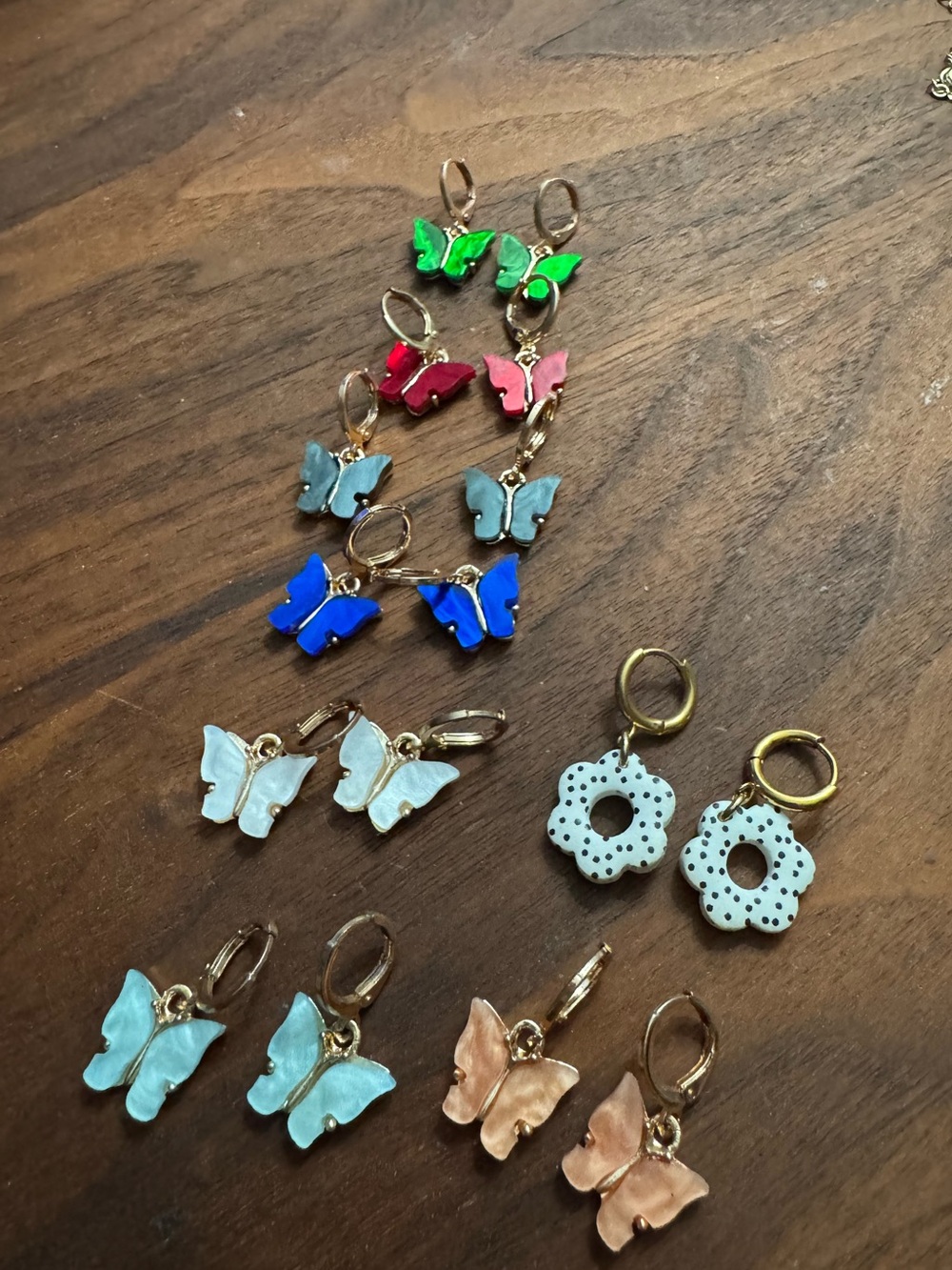 Set of 8 Small Multicolor Goldtoned Butterly & Flower Dangle Earrings